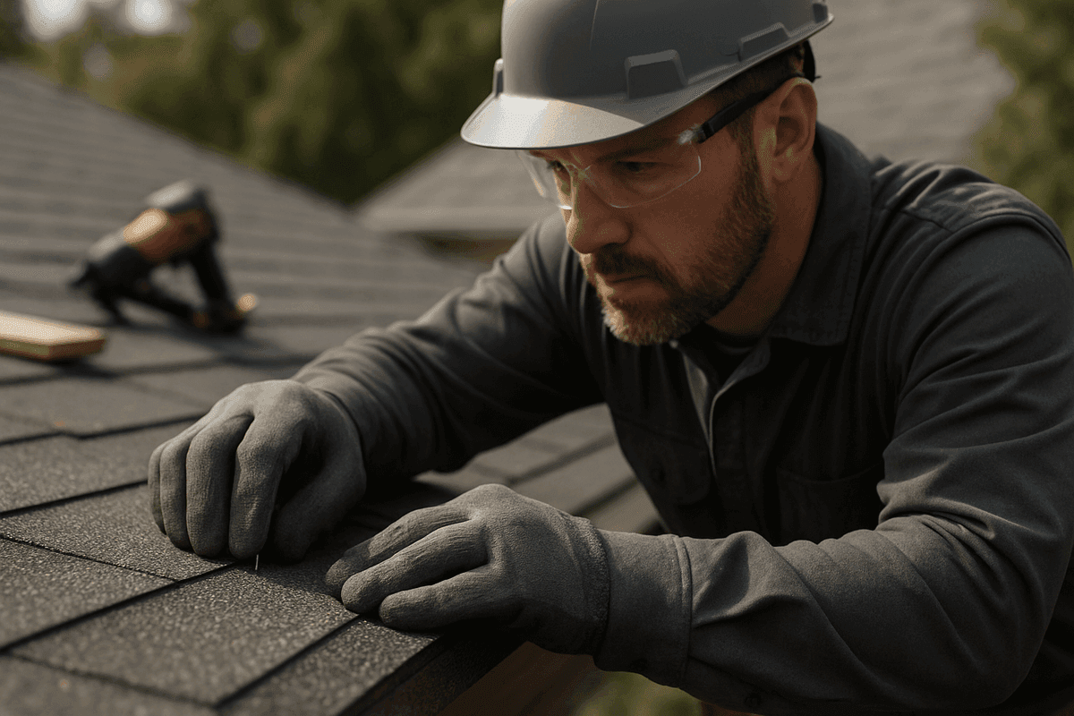 Close-up of roofer’s gloved hands securing asphalt shingles on a clean residential roof in Dorchester