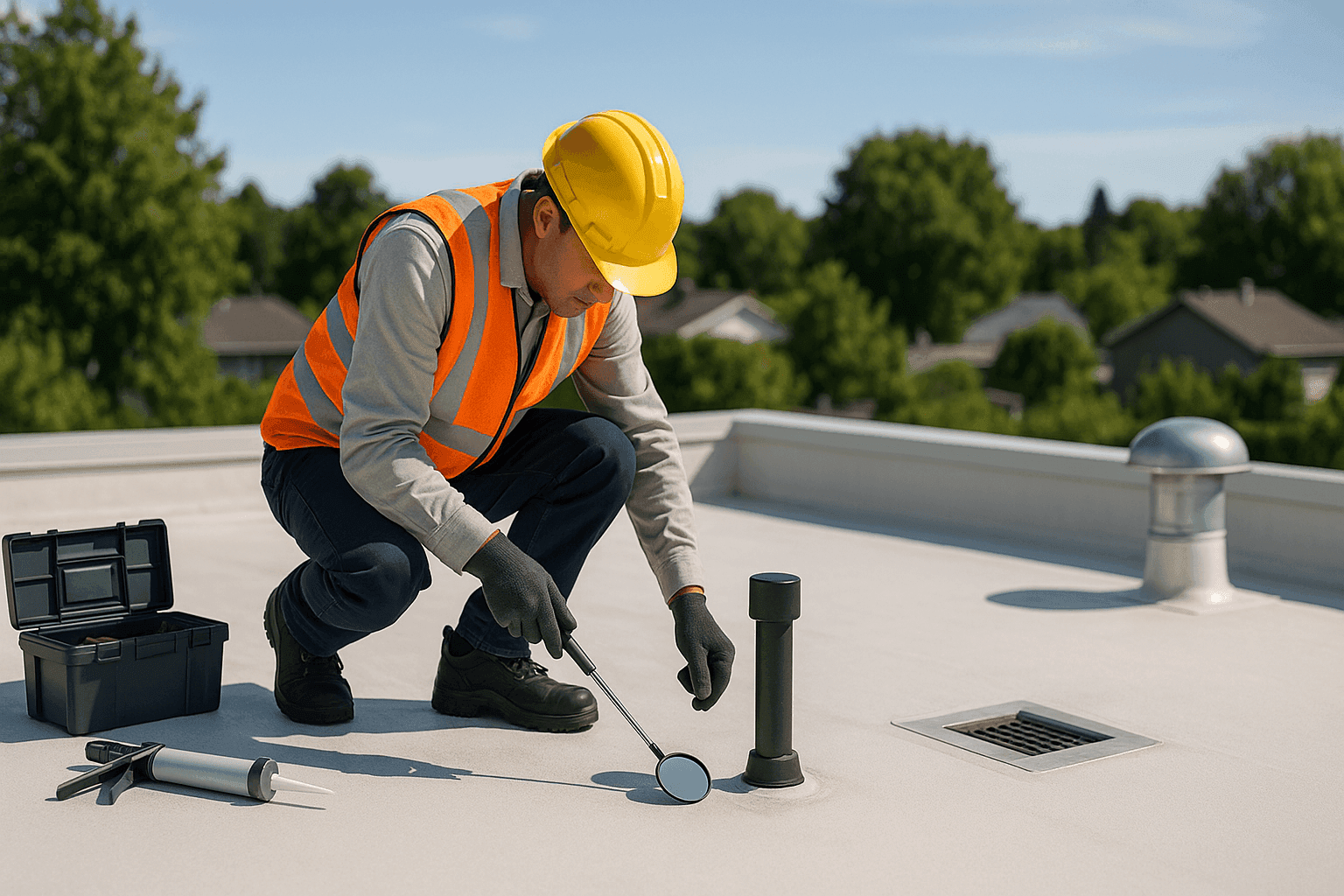 Technician inspecting a residential flat roof for maintenance