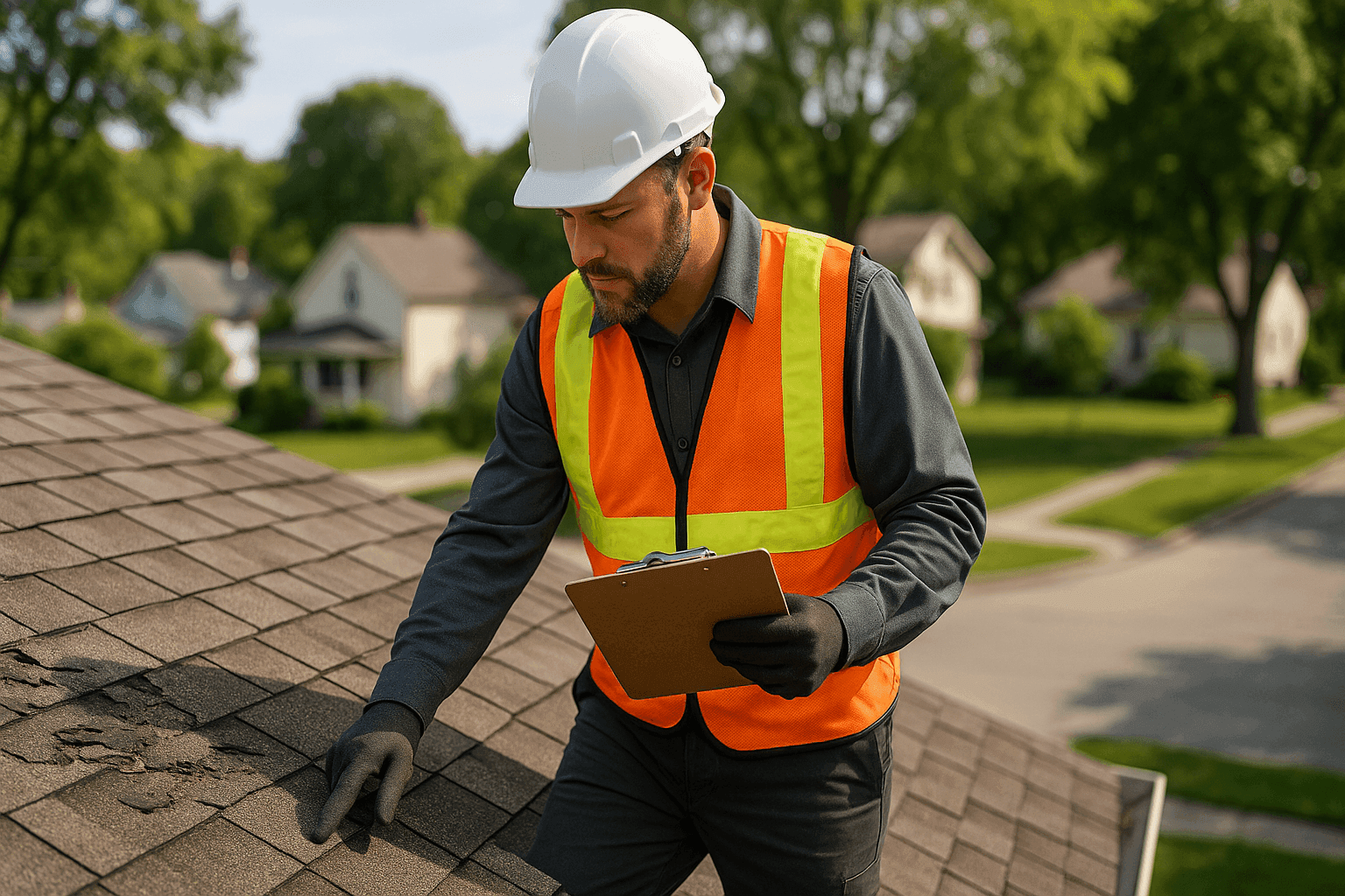 Roofing specialist examining damaged residential roof with clipboard