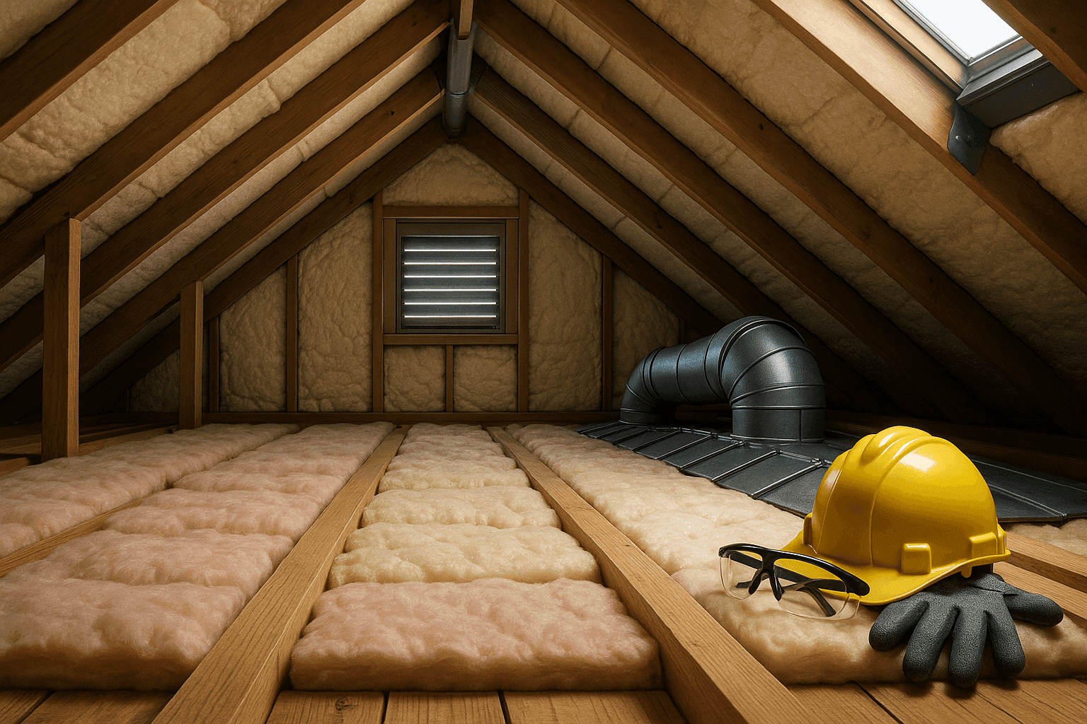 Attic with visible insulation and ventilation components