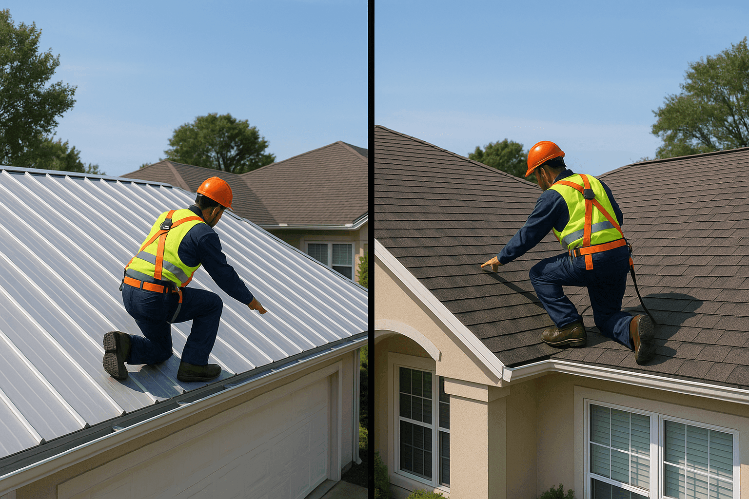 Split view of metal and shingle roofs side by side on homes