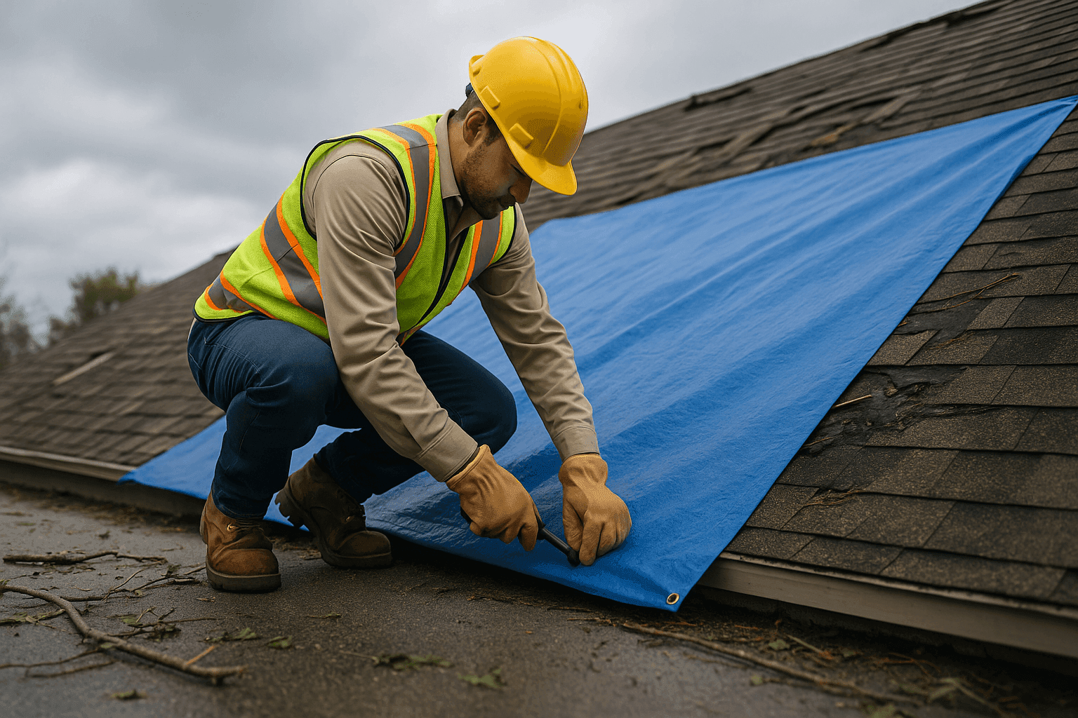 Roofer applying emergency tarp to storm-damaged roof